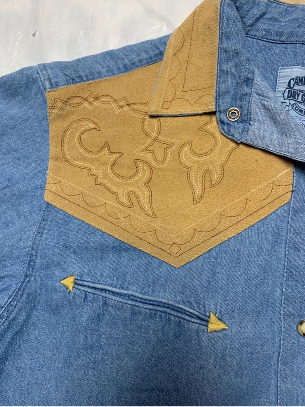 Vintage 90s Denim & Suede Pearl Snap Cowgirl Western Oversized Rodeo Shirt - Picture 2 of 5